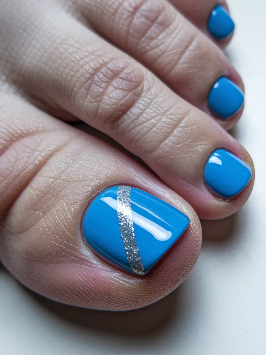 summer toe nails ideas 2025 Sky Blue with a Silver Strike