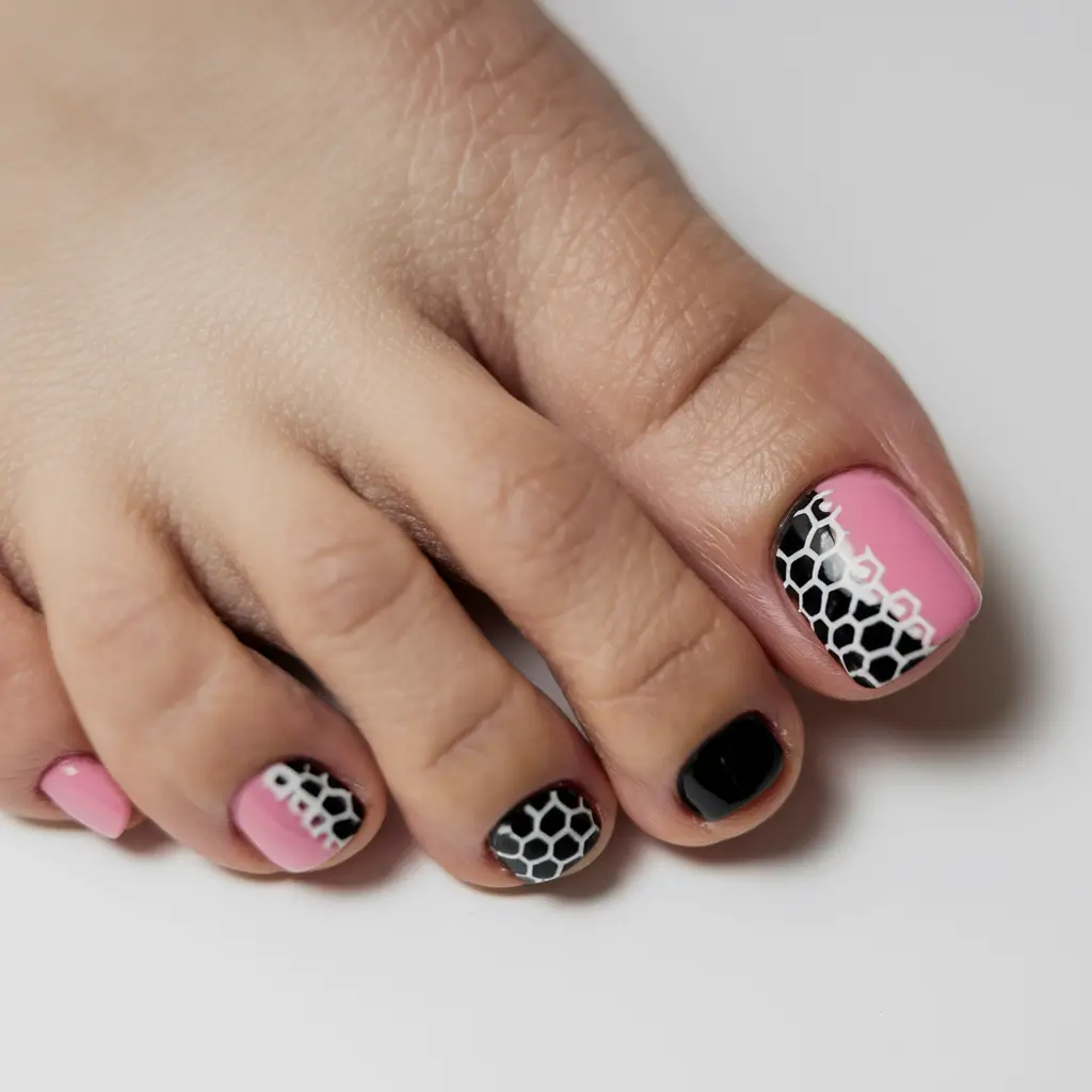 summer toe nails ideas 2025 Honeycomb Chic with a Graphic Edge