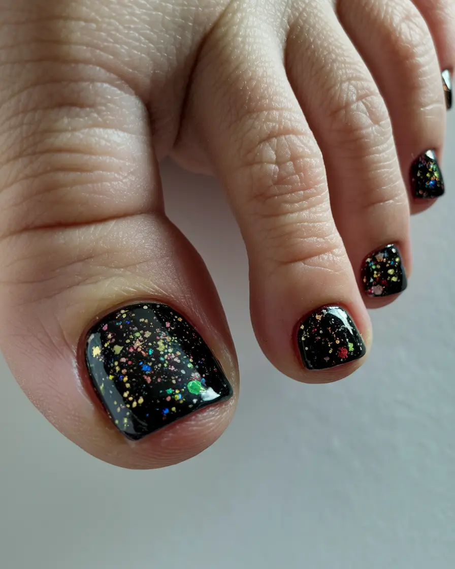 august toe nails 2025 Galaxy Black with Rainbow Specks