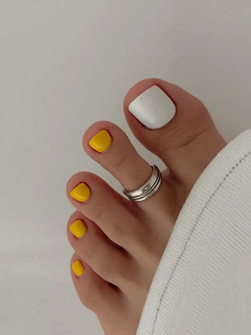 toe nails for august Bright Yellow with Crisp White
