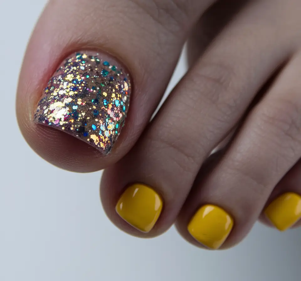 august toe nails designs Disco Sparkle and Sunshine Yellow