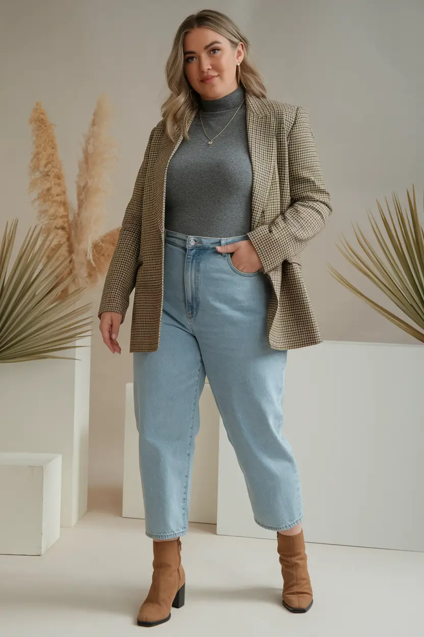 fall-plus-size-outfits-office-Checkered-Blazer-Meets-Fall-Denim