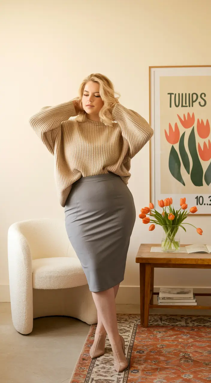 fall-plus-size-outfits-aesthetic-Soft-Sweater-with-Sleek-Skirt-Energy