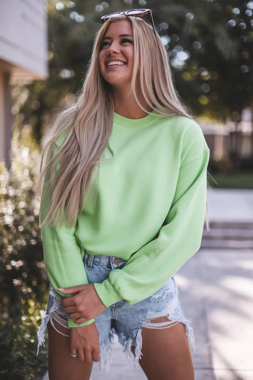 end of summer outfits cute Neon Nostalgia with Ripped Shorts