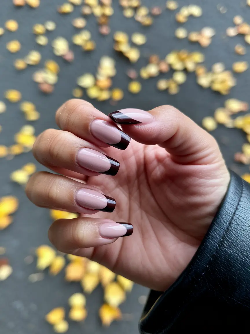 fall coffin nail ideas Minimal Espresso French for Leaf-Lit Walks