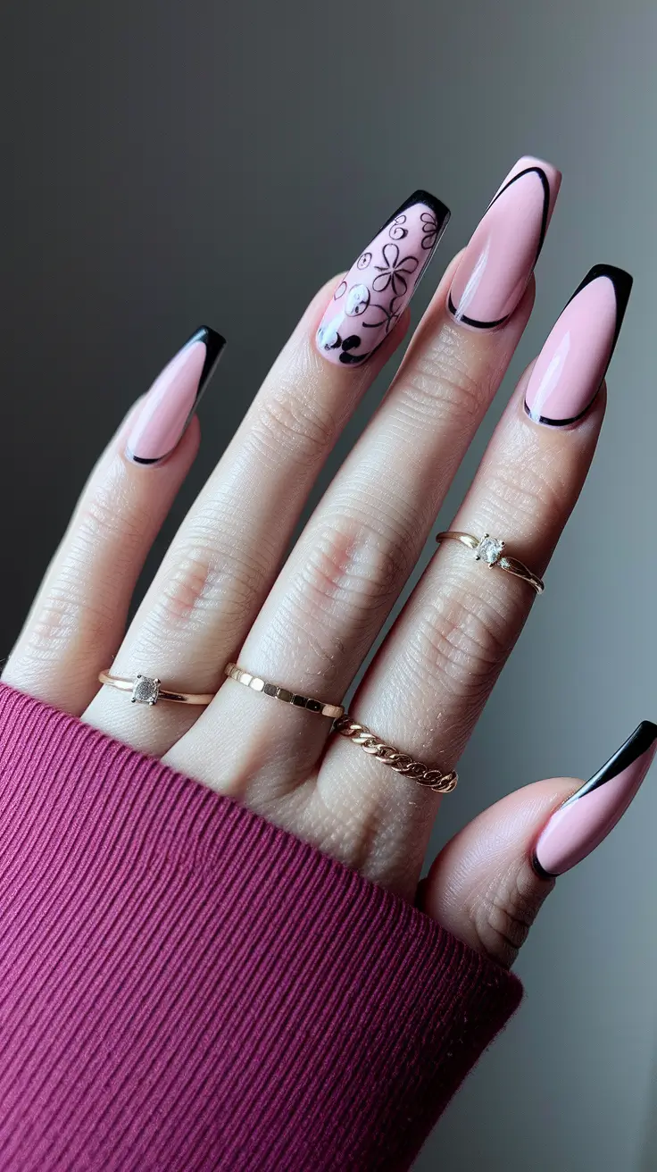 fall coffin nail ideas Black Edge French and Doodle Bloom Accent