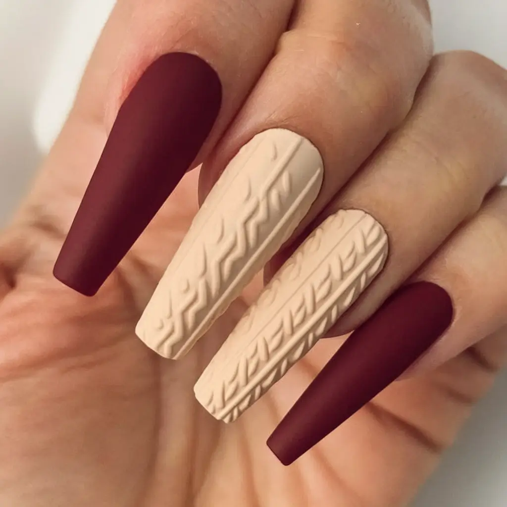 fall coffin nail ideas Cozy Sweater Knit Meets Matte Merlot