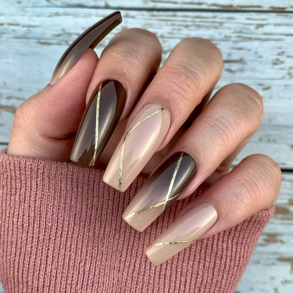 fall coffin nail ideas Golden Lined Cocoa Swirls