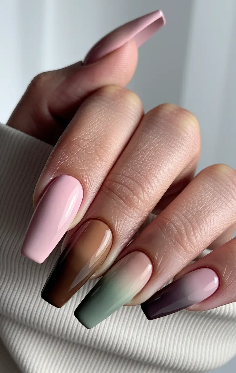 fall coffin nail ideas simple Soft Gradient Fall Tones with a Long Coffin Silhouette