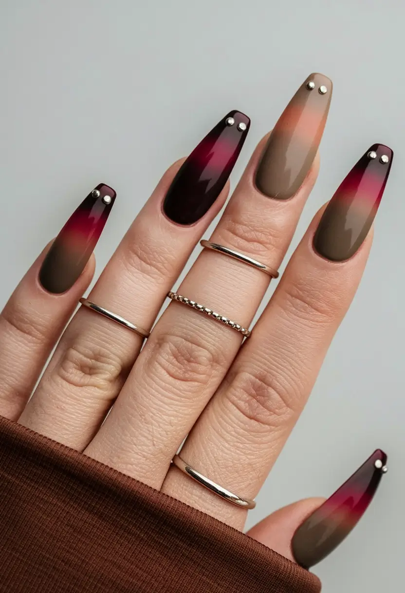 fall coffin nail designs autumn Berry and Mocha Ombré with a Glimmer of Chrome