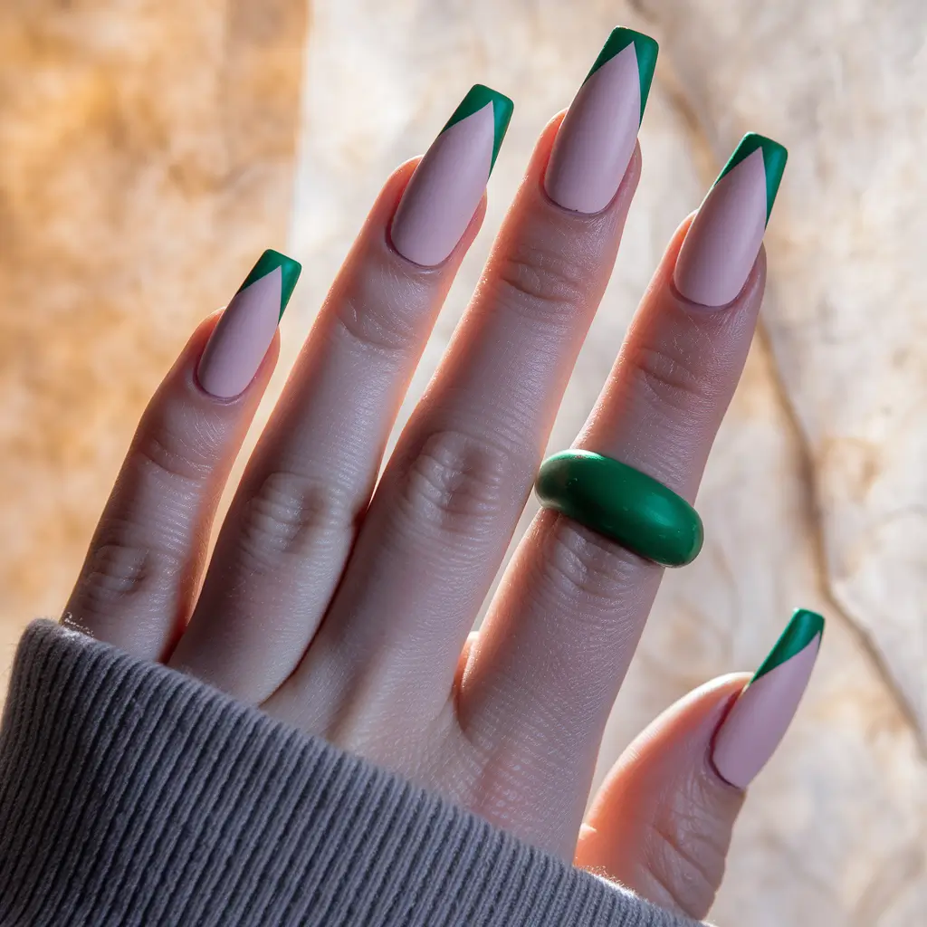 fall coffin nail ideas 2025 Matte Green Tips with Graphic Angles