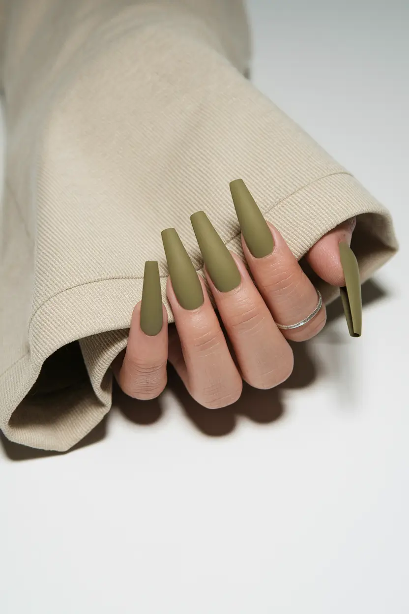 fall coffin nail ideas Matte Military Green for a Moody Minimalist Fall