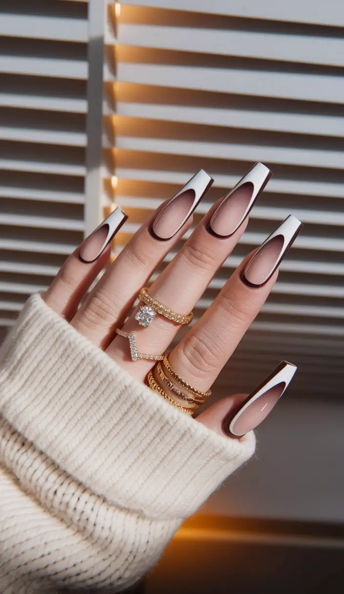 fall coffin nail ideas Retro Frame Illusion in Cool-Toned Brown and White