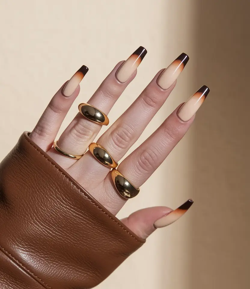 fall coffin nail ideas Toasted Caramel Tips with Soft Fade