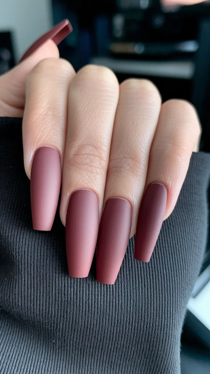 fall coffin nail ideas Matte Burgundy Velvet with a Hint of Mood