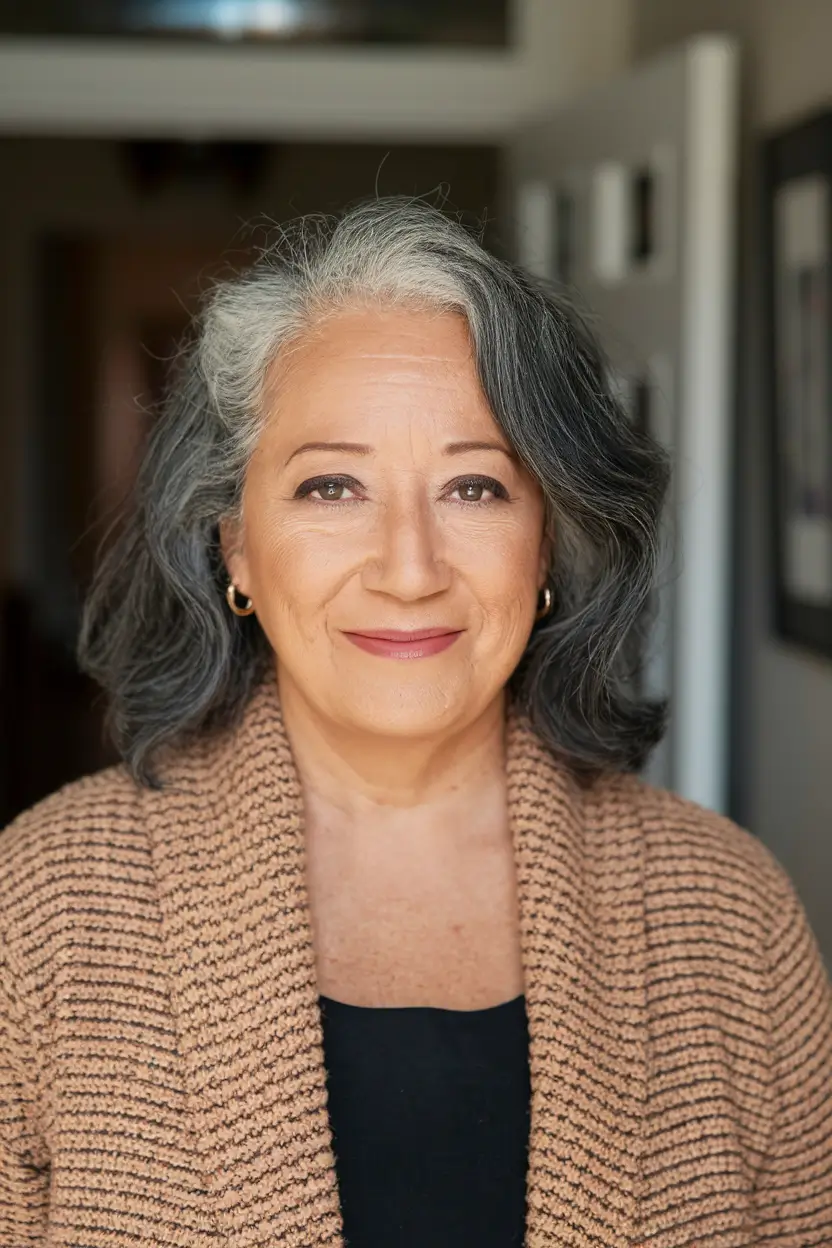 fall hair color women over 50 Salt and Pepper Soft Wave With a Statement Part