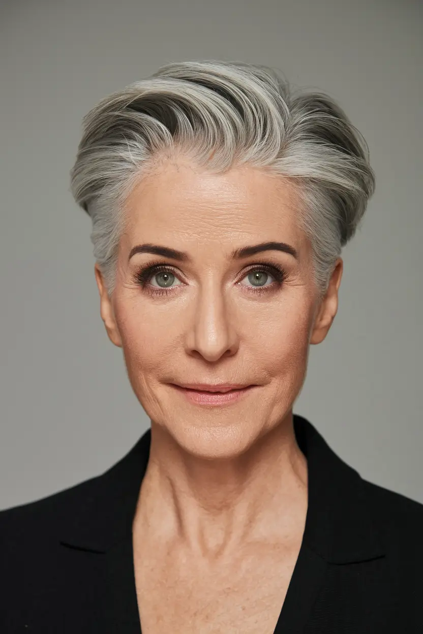 fall hair color women over 50 Sculpted Ash Gray Pixie With Volume