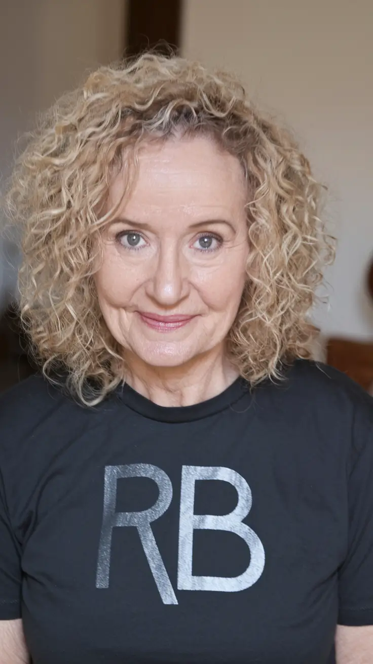 fall hair color women over 50 Golden Curly Bob With Bright Energy