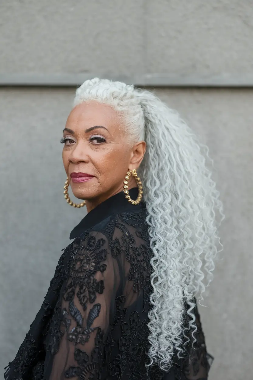 fall hair color women over 50 Long Silver Curls Pulled High