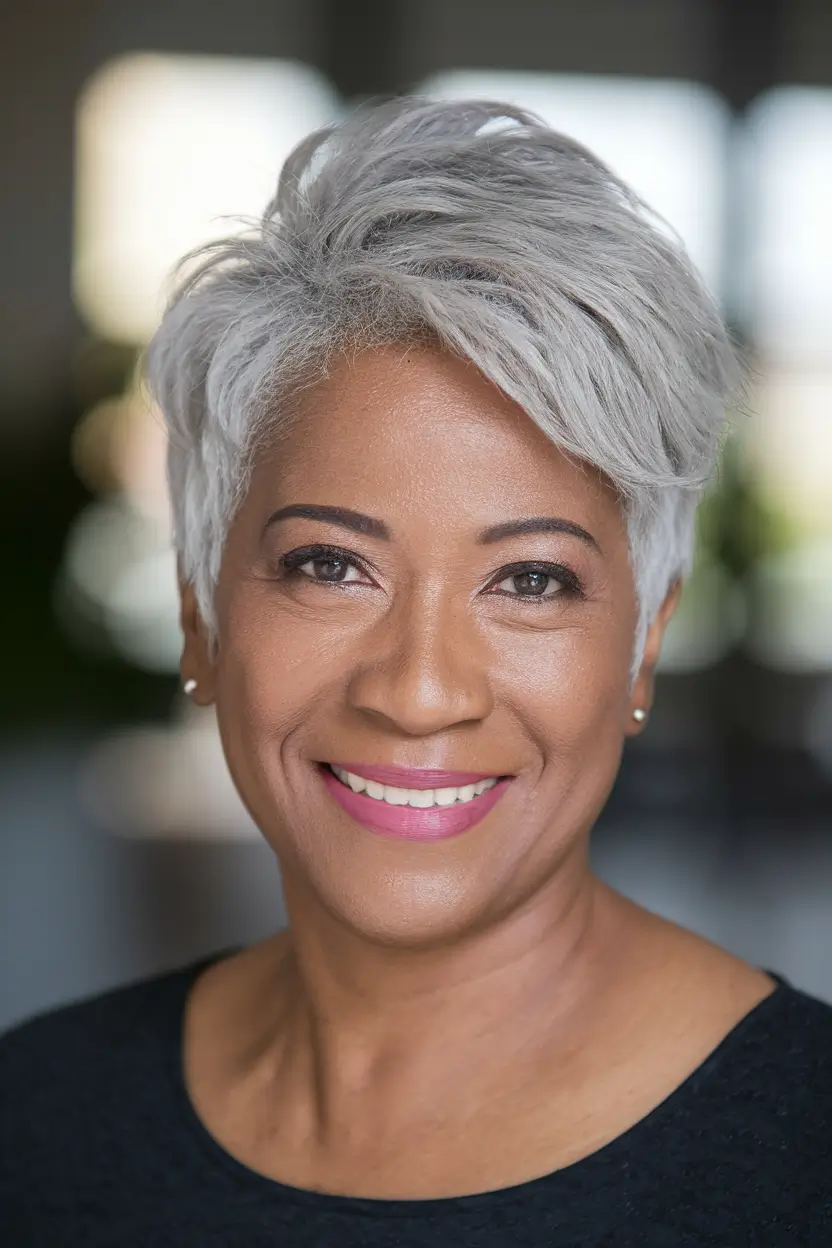 fall hair color women over 50 Cool Silver Crop With Bold Edge