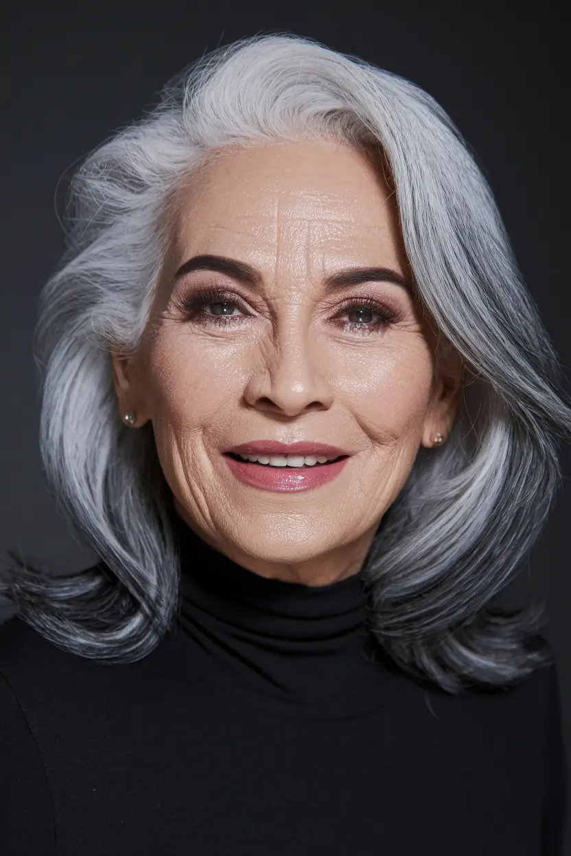 fall hair color women over 50 Silver and Black Duo-Tone With Retro Volume