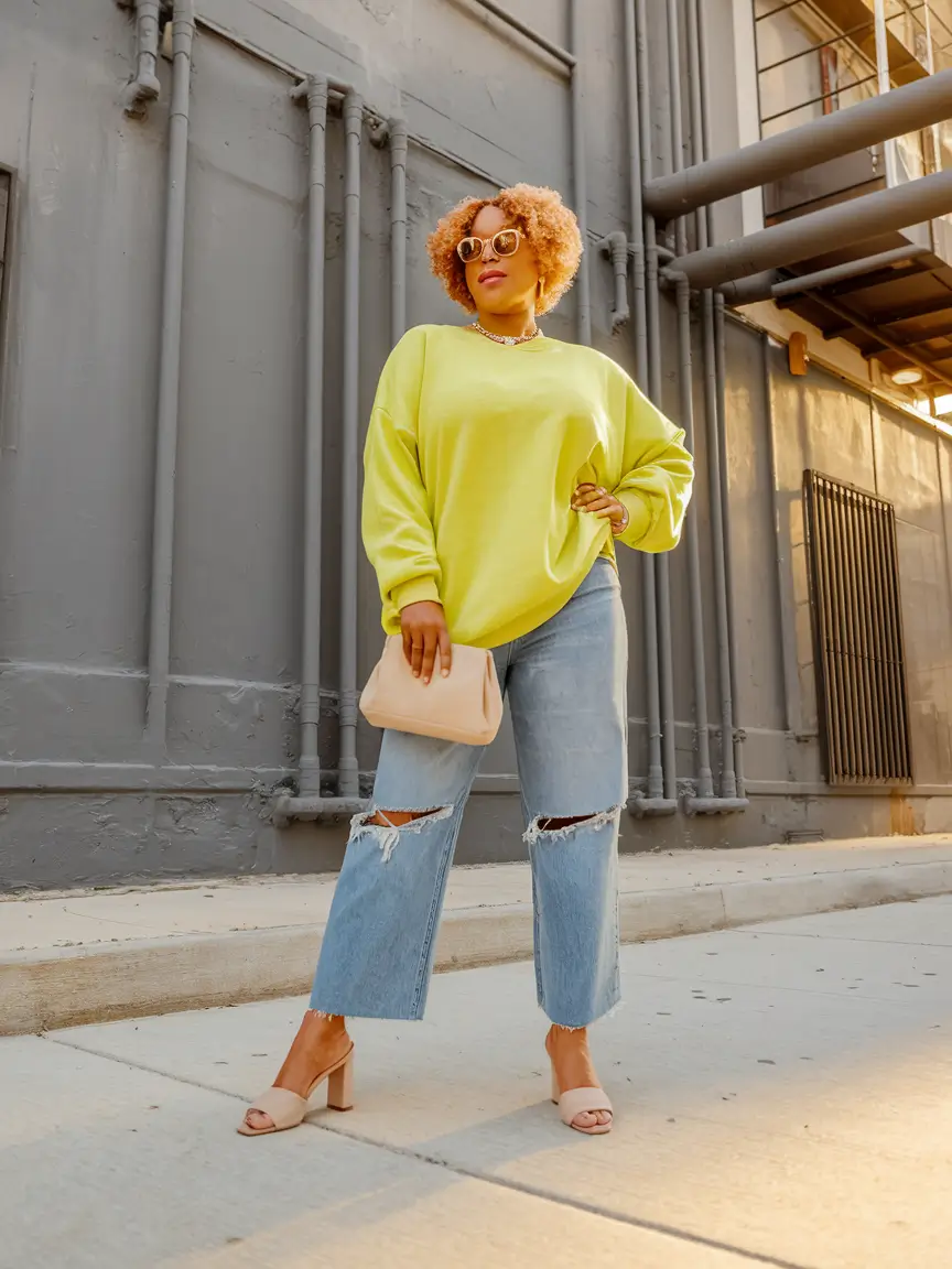 curvy fall outfits jeans Neon Sweatshirt Meets Denim Cool