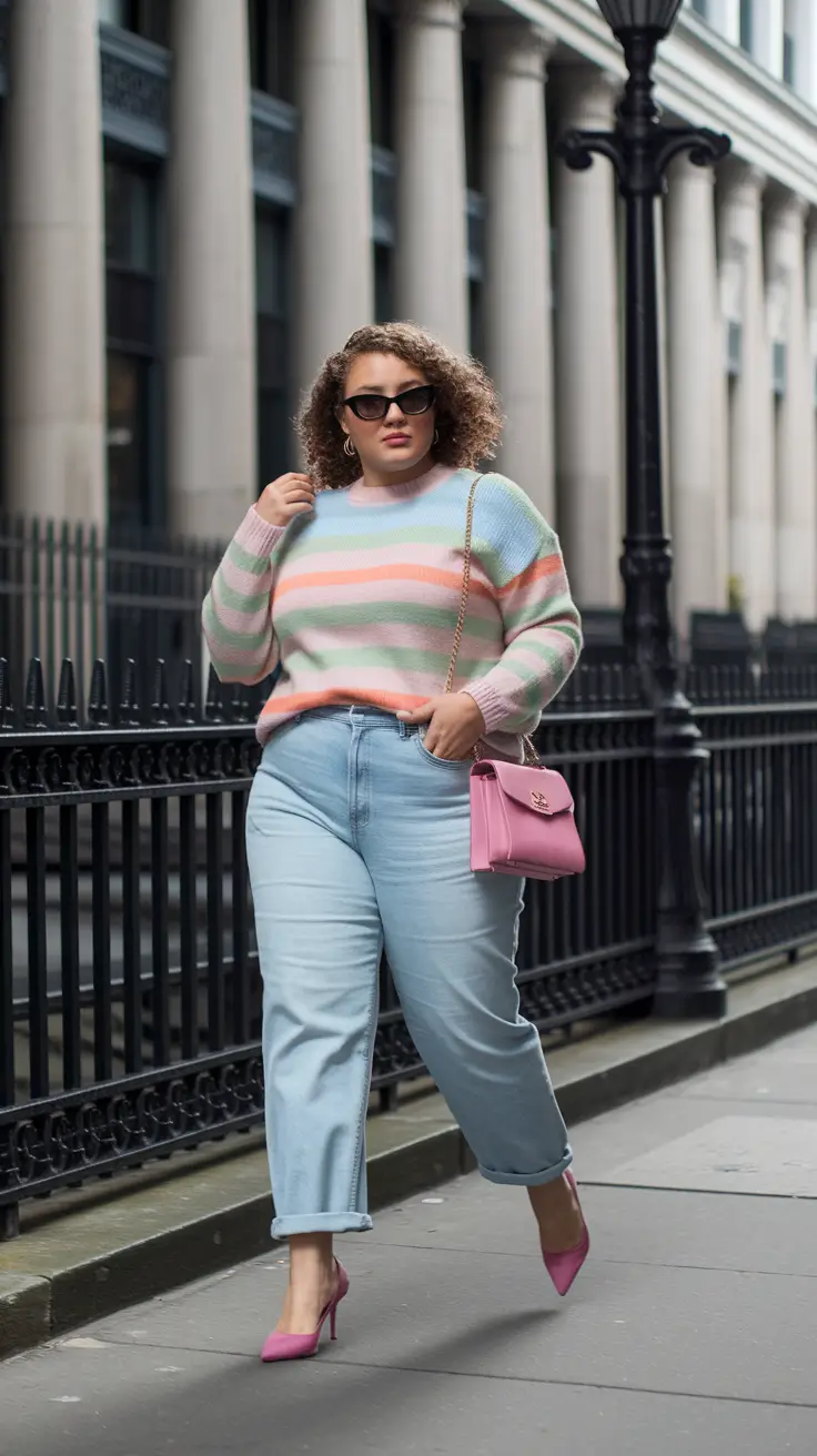 curvy fall outfits jeans Pastel Stripes with Denim Ease