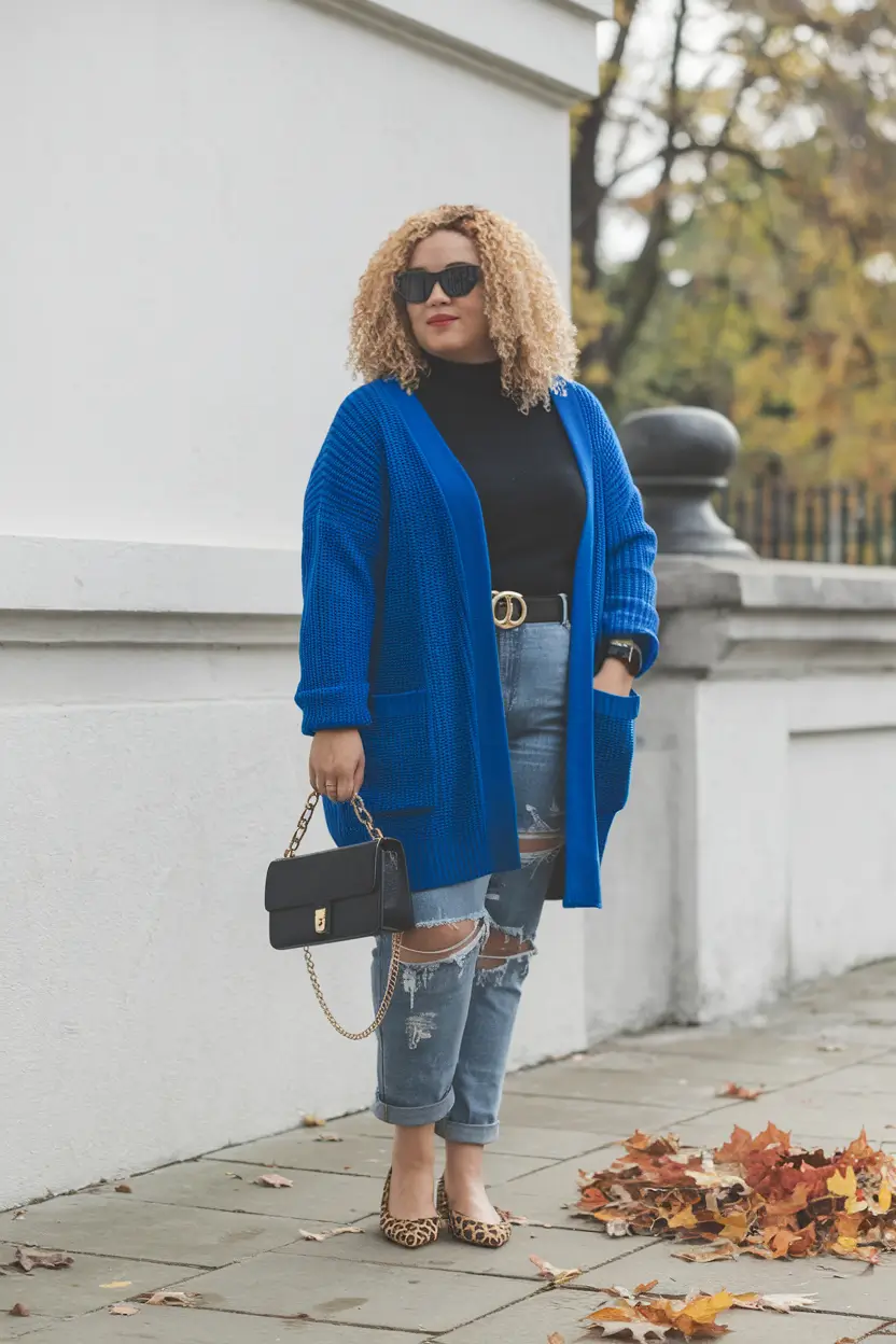 curvy fall outfits boots Royal Blue and Leopard Contrast