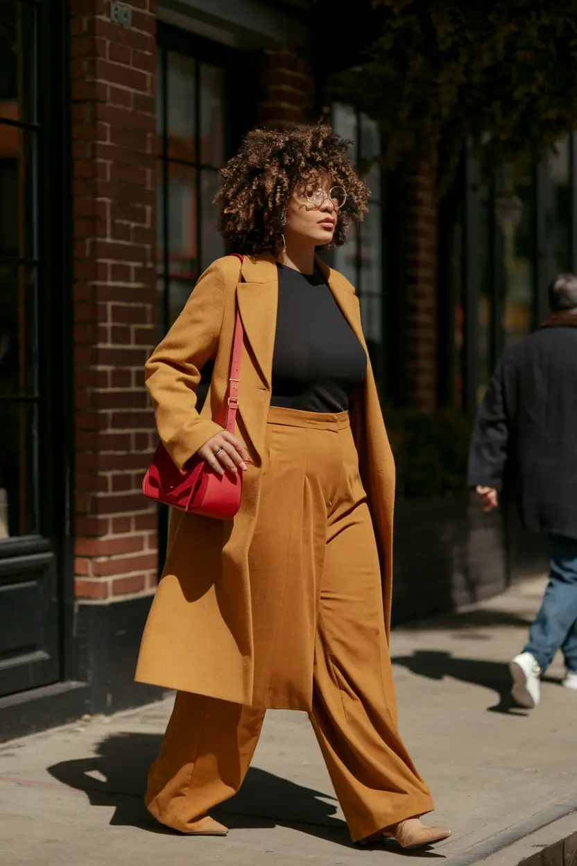curvy fall outfits women Warm Mustard Suiting with a Pop of Red