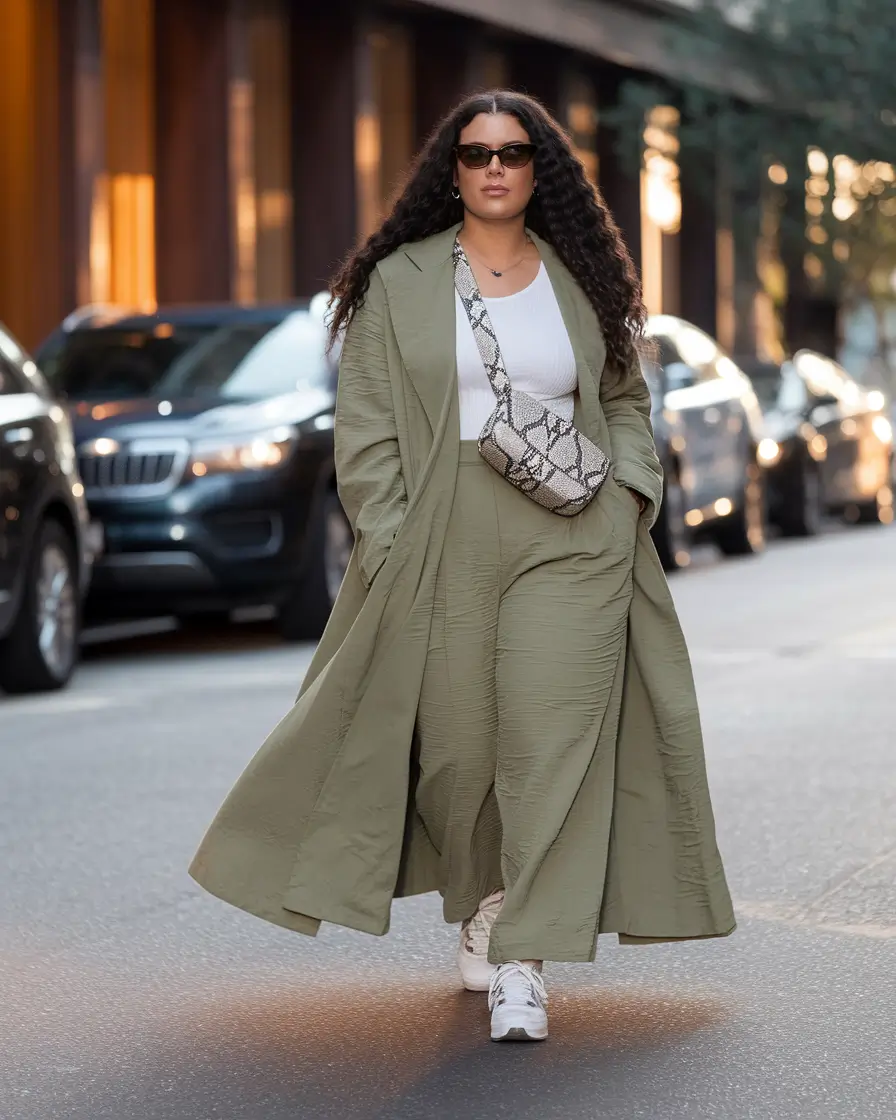 curvy fall outfits street styles Olive Green Power Drape with a Sporty Finish
