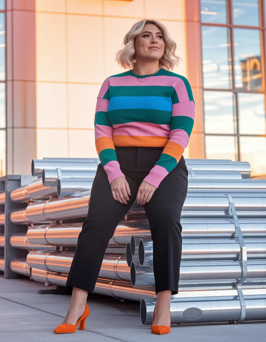 curvy fall outfits 2025 Bright Stripes & Tailored Energy