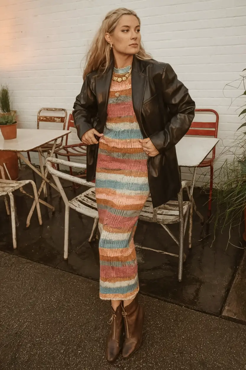 fall winter outfits aesthetic Knitted Colorplay with Leather Accents