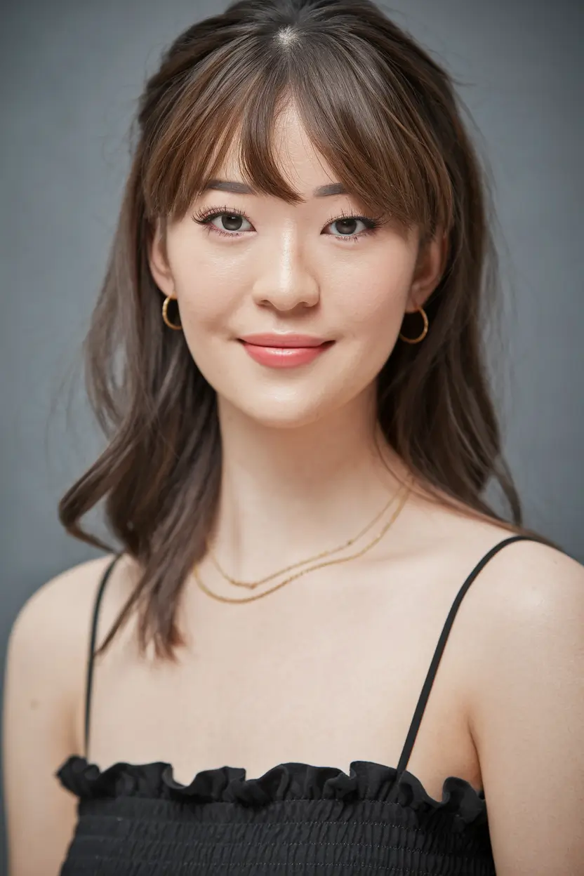 fall brown hair color with highlights Dimensional Layers with Fresh Curtain Bangs