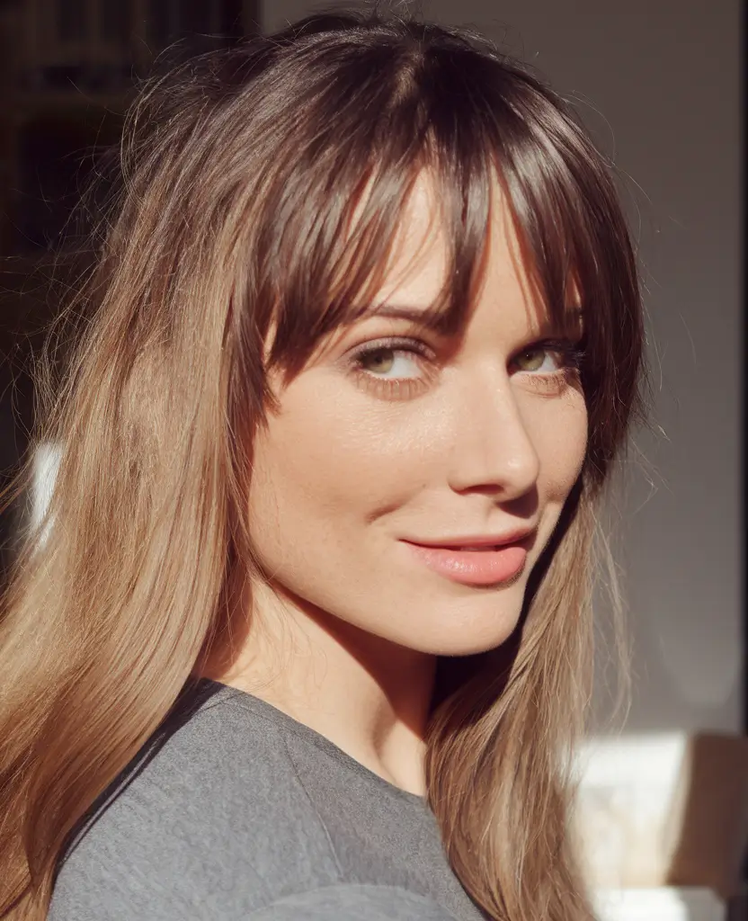 fall brown hair color with lowlights Rooted Blend with Smoky Bang Drama