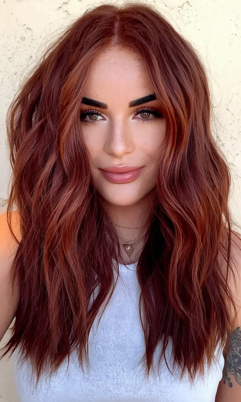 hair color warm skin tone asian Burgundy Spice with Textured Volume