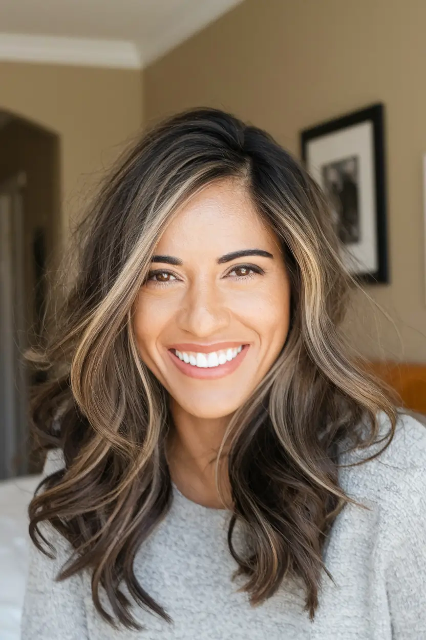 Fall haircuts women over 40 Medium-Length Waves with Sun-Kissed Ribbons
