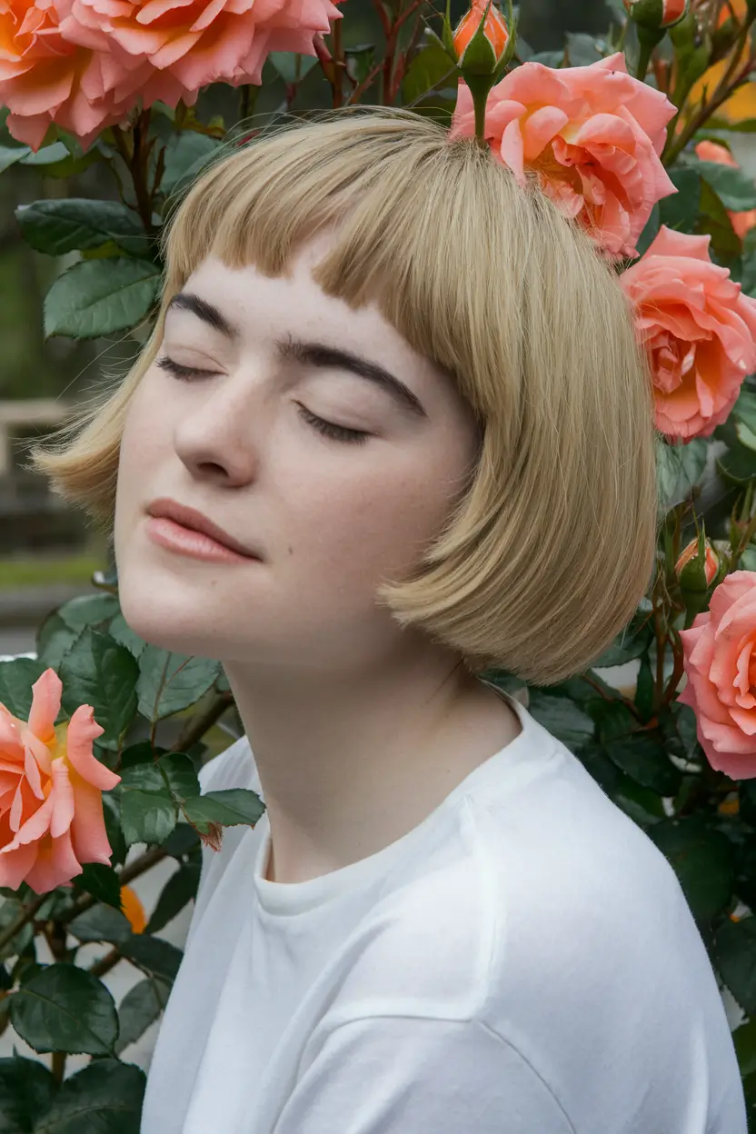 fall short haircuts Rounded Golden Bob with Baby Bangs