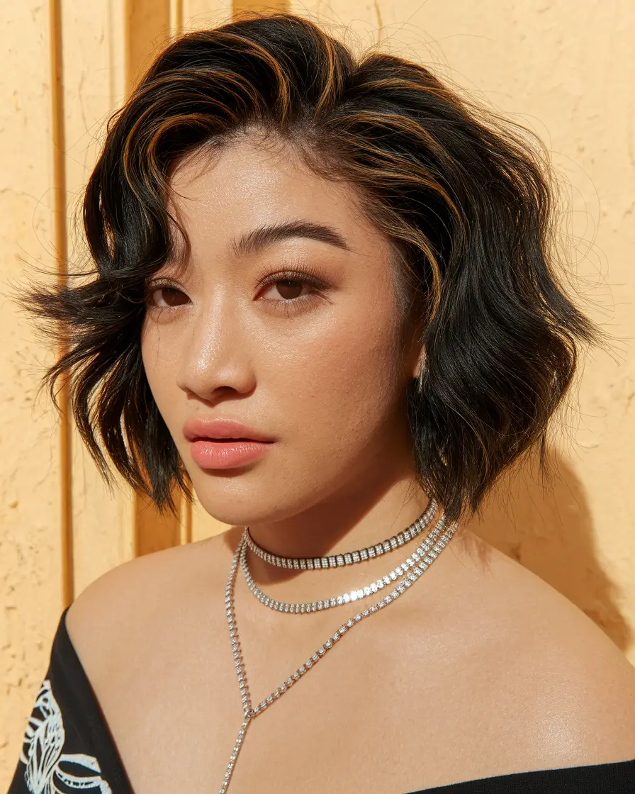 bob hair color Choppy Wavy Bob with Cinnamon Highlights