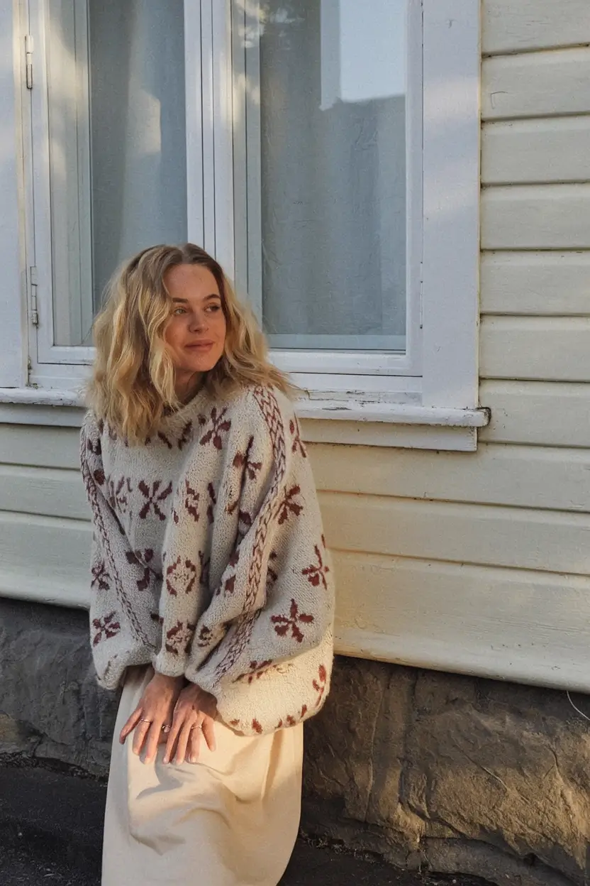 cozy fall outfits ideas 2025 Nordic Knits and Soft Cream Layers