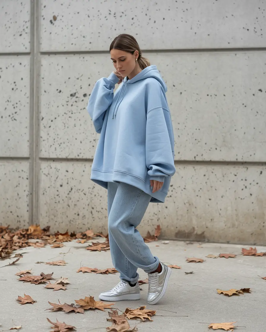 cozy fall outfits Pastel Clouds and Silver Sneakers