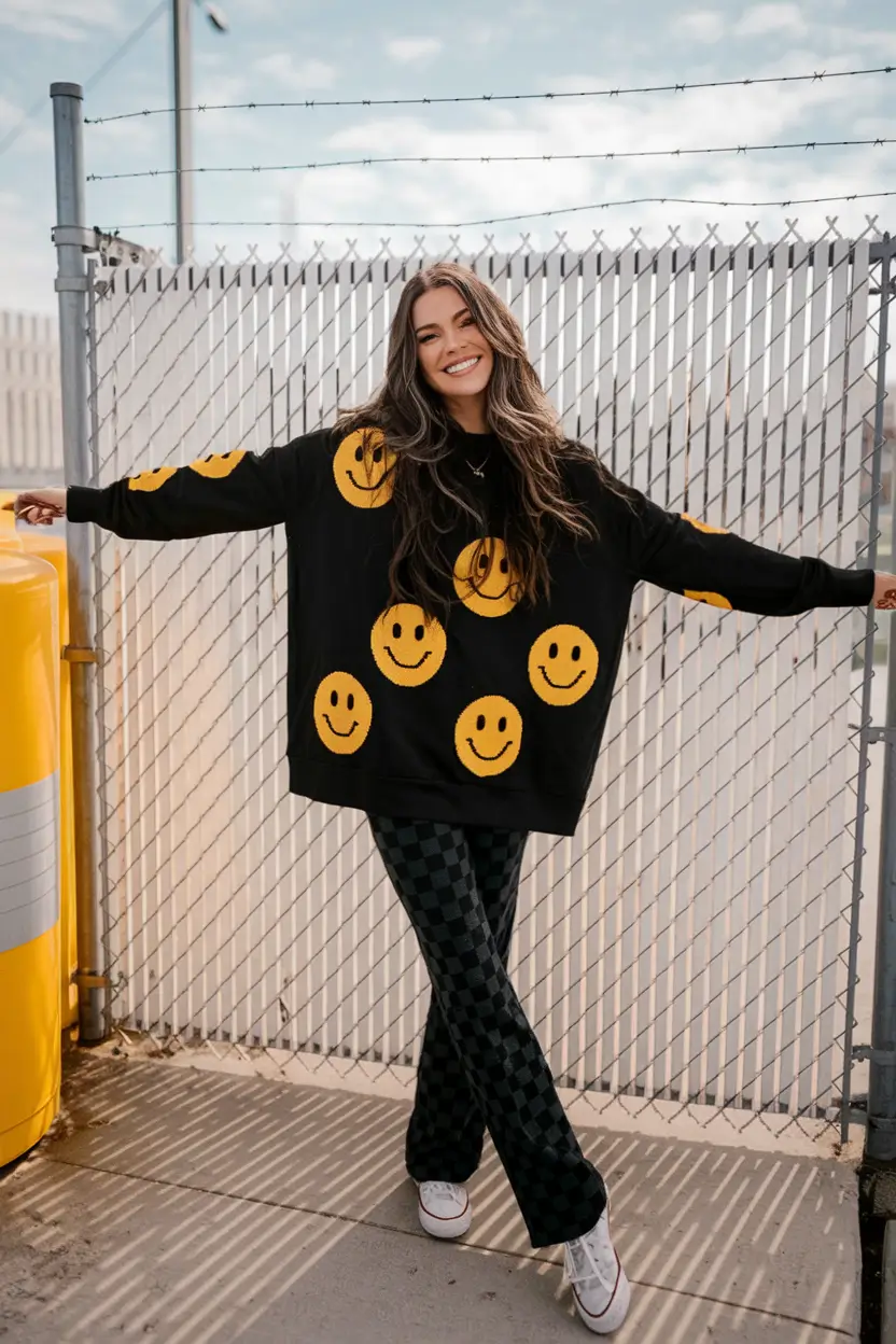 cozy fall outfits ideas 2025 Playful Prints with a Graphic Kick
