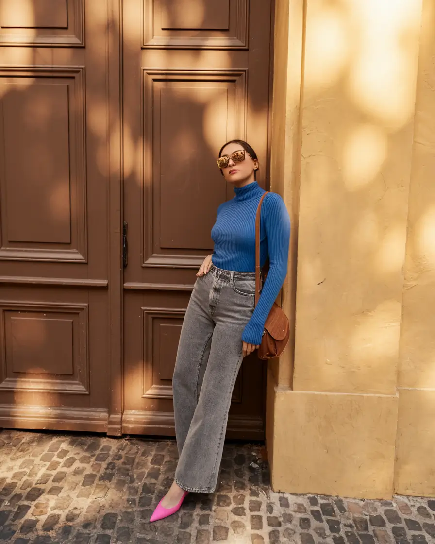 fall outfits for school for teens 2025+Bright Blue Meets Grey Denim Elegance