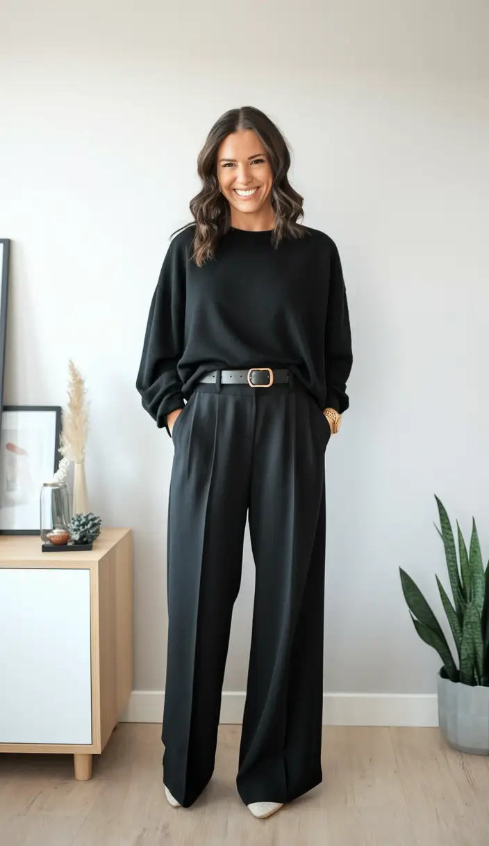 fall outfits for school for teens 2025+Black Belted Set: Chic Monochrome Energy
