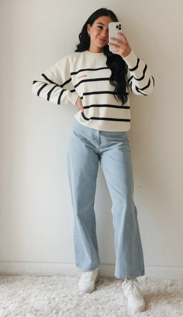 fall outfits for school for teens+Striped Sweater Simplicity with Wide-Leg Jeans