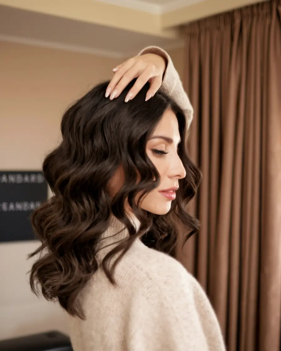 dark brown fall hair colors Wavy Mocha Luxe with Defined Volume