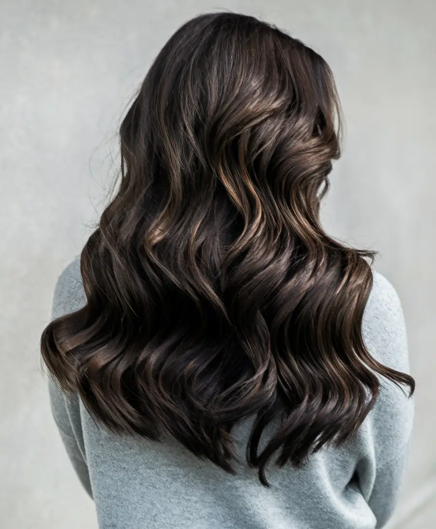dark brown fall hair colors Long Caramel Waves with Highlighted Movement