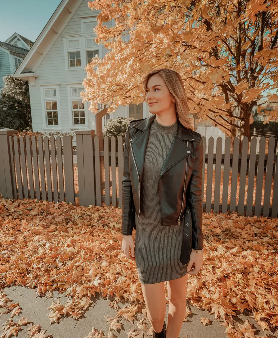 Early Fall outfits inspo for September 2025+Leather Jacket Over Ribbed Dress