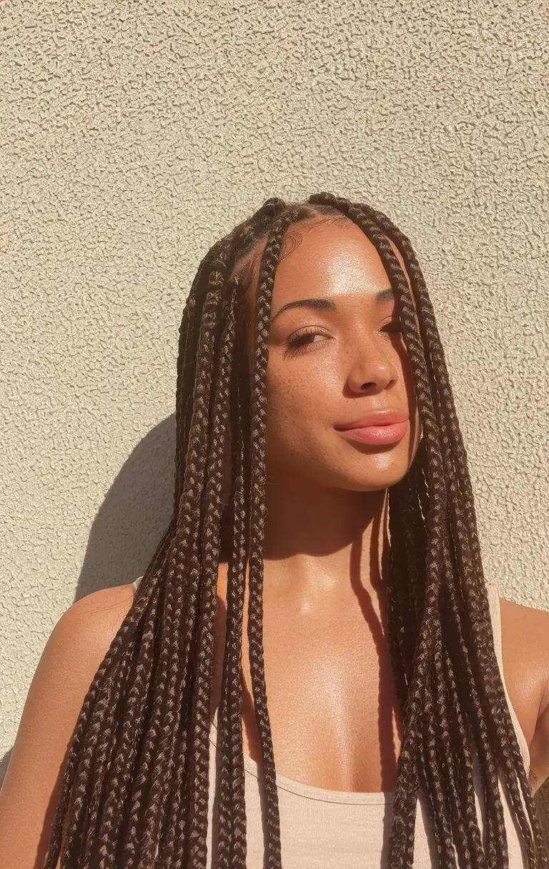 fall braids hairstyles african american Long Box Braids with Shine and Sunlight