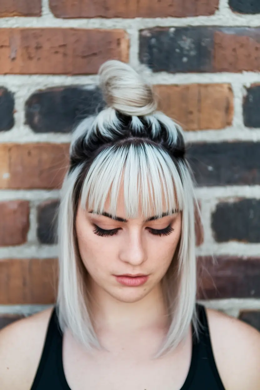 fall hair color for blondes with bangs blunt fringe with contrast roots