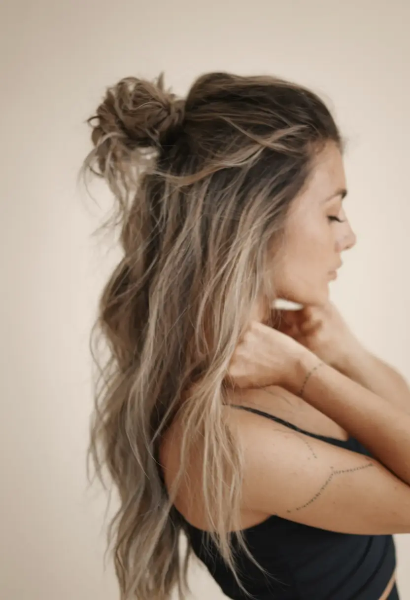 fall hairstyles undone half-up bun with natural texture